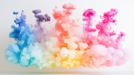 Bold ink swirls suspended in water, vibrant magentas, blues, and yellows twisting into mesmerizing cloud-like formationsの素材