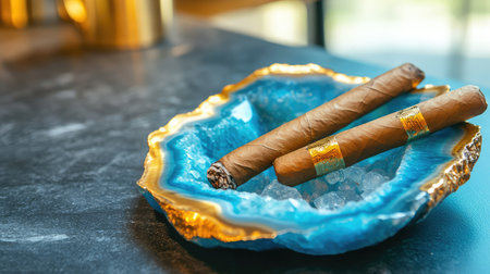 Brown cigar gently placed in a vibrant blue geode ashtray on a dark stone counter, highlighting luxury and contrastの素材