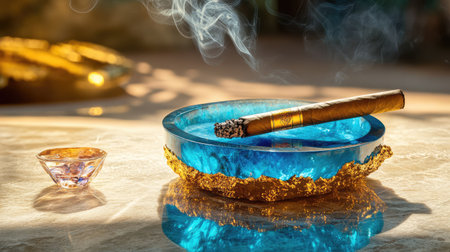 Cigar and blue geode ashtray scene with deep shadows and polished textures, creating a refined, high-contrast lookの素材