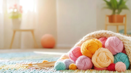 Artistic knitting flat lay: soft blanket, yarn balls, and wooden needles with space reserved on the left sideの素材