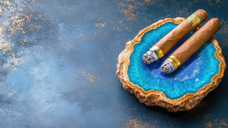 Earthy brown cigar and jewel-toned blue geode ashtray on dark stone surface, evoking luxury and masculinityの素材