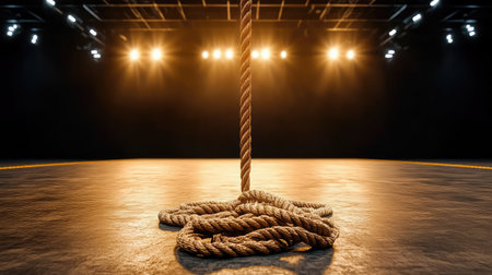 Serene yet tense view of an empty wrestling mat under bright ceiling lights, ropes aligned and untouchedの素材