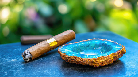 Earthy brown cigar and jewel-toned blue geode ashtray on dark stone surface, evoking luxury and masculinityの素材