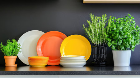 Modern kitchen setup with white, yellow, and orange plates in a black dish rack, green plants beside a dark countertopの素材