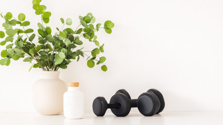 Fitness zone featuring black dumbbells and boxing gear, softened by a plant, all set against a white backdrop for a fresh lookの素材