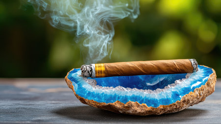 Sophisticated scene of a blue geode ashtray holding a brown cigar on a dark, moody backgroundの素材
