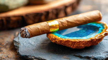 Earthy brown cigar and jewel-toned blue geode ashtray on dark stone surface, evoking luxury and masculinityの素材