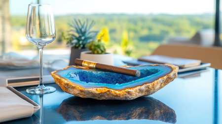 Elegant cigar setting with a natural blue geode ashtray on a matte black surface, creating a bold and refined compositionの素材