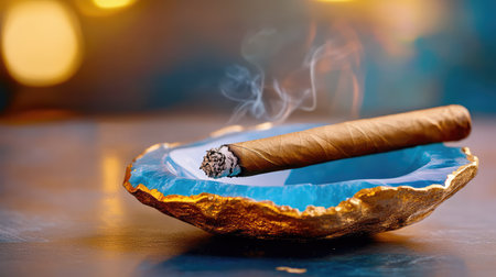 Sophisticated scene of a blue geode ashtray holding a brown cigar on a dark, moody backgroundの素材