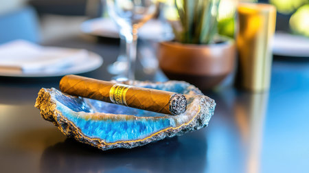 Luxurious cigar in a polished blue geode ashtray, the contrast of textures and color on a sleek dark tabletopの素材