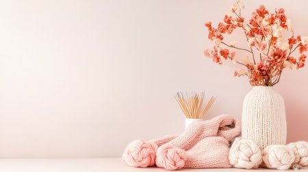 Knitting nook with wool skeins, needles, and a folded blanket, left side open for copy spaceの素材