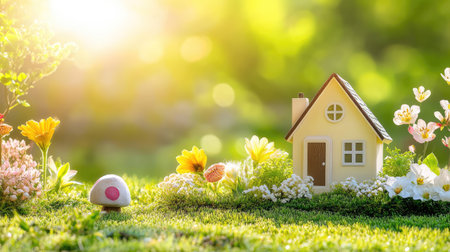 Model home on a rich green lawn in warm daylight, creating a sense of comfort and opportunity for buyersの素材