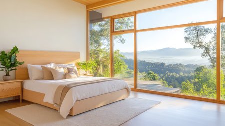 Serene modern bedroom with light wood accents and floor-to-ceiling windows overlooking a misty mountain rangeの素材