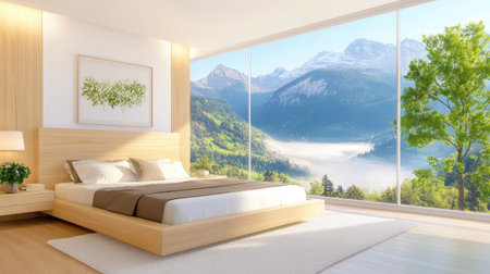 Serene modern bedroom with light wood accents and floor-to-ceiling windows overlooking a misty mountain rangeの素材