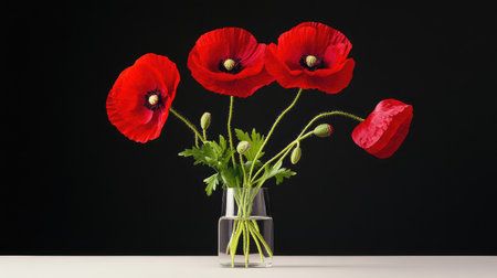 Poppies in vivid red bloom, placed in front of a soft dark background for a minimalist, high-impact lookの素材