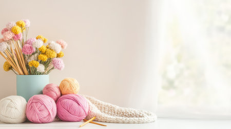 Yarn balls and knitting needles arranged beside a soft blanket, cozy corner with room for text on the leftの素材