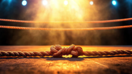 Smooth wrestling mat and gleaming ropes stand ready in the spotlight, the ring perfectly empty and full of promiseの素材