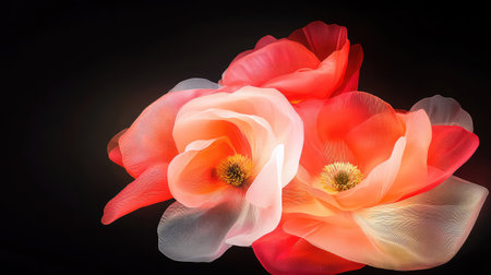 Softly lit poppies with velvety red petals glowing against a deep black backgroundの素材