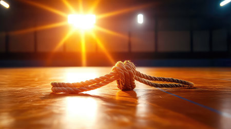 Serene yet tense view of an empty wrestling mat under bright ceiling lights, ropes aligned and untouchedの素材