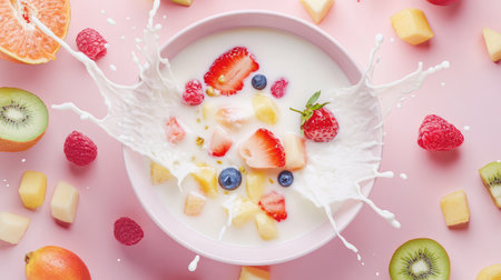 Top-down view of fruit splashing into milk bowl, creating arcs of white liquid and pops of bright colorの素材