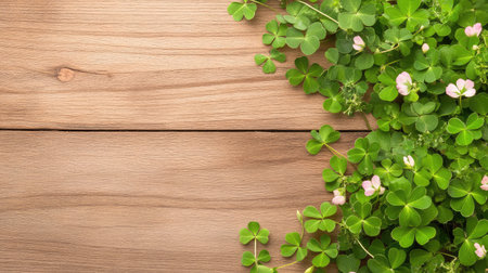 Shamrocks spill over a timeworn wooden surface, glowing softly, full of holiday warmth and traditionの素材