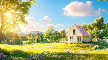 Tiny house concept nestled in sunlit grass, perfect for real estate branding or financial investment themesの素材