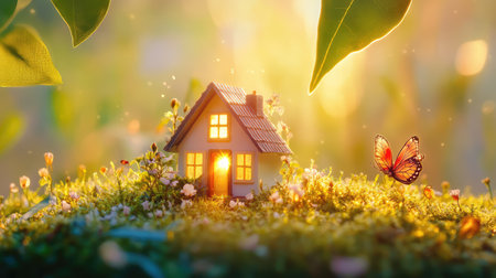 Real estate concept with miniature home on fresh lawn, glowing in soft natural light, inviting and peacefulの素材