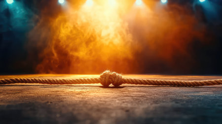 Silent wrestling ring, perfectly staged with taut ropes and soft light above, awaiting the clash of championsの素材