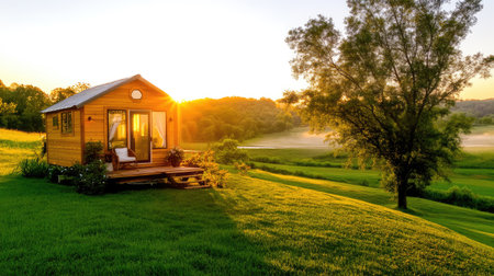 Golden-hour light falls on a tiny house on green grass, capturing comfort and real estate appealの素材