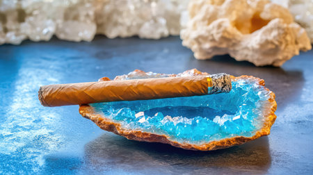 Textural contrast between a warm brown cigar and crystalline blue geode ashtray, arranged on a charcoal surfaceの素材