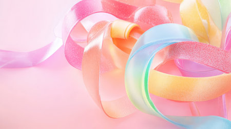 Close-up of pastel rainbow ribbon candies with glossy sheen, laid out on soft pink backgroundの素材