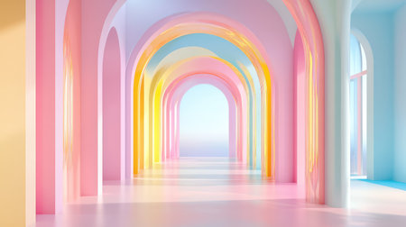 Conceptual design with pastel arches receding into depth, blending pink, yellow, and light blue tonesの素材