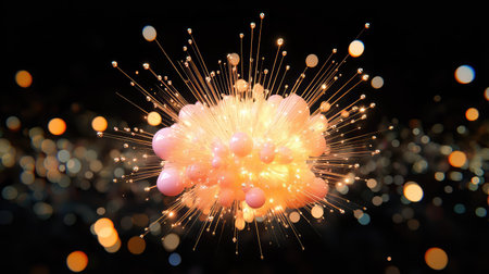 A radiant explosion of tiny glowing stars and sparkles in 3D shines brightly on blackの素材