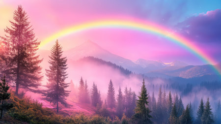 Delicate rainbow in pastel tones curving above a misty forest, bathed in pink and blue dawn lightの素材