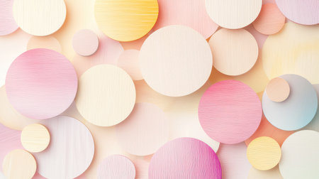 Layered pastel wooden circles arranged in an abstract composition, soft textures and shapes creating a soothing visualの素材