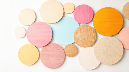 Balanced composition of wood-textured pastel circles in an abstract layout with soft shadowsの素材