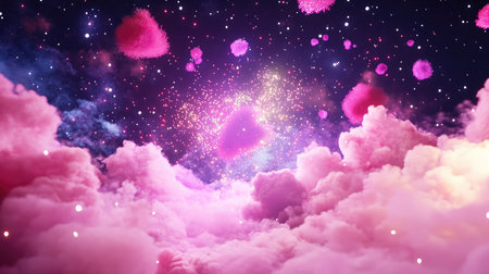 3D firework sparks create a dazzling burst of stars, suspended in space on a dark backdropの素材