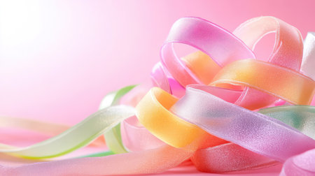 Assorted pastel candy ribbons with glossy texture placed on a vibrant pink backgroundの素材