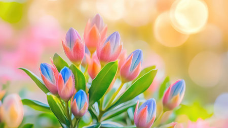 Beautiful bokeh background enhancing the gentle glow of pastel pink and blue flower budsの素材