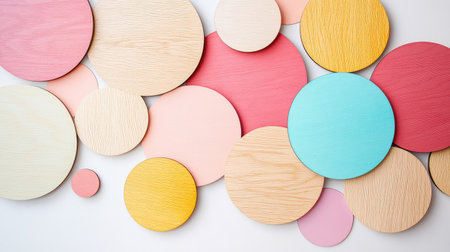 Layered pastel wooden circles arranged in an abstract composition, soft textures and shapes creating a soothing visualの素材