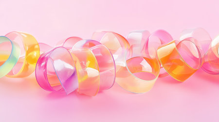 Twisting ribbon candies in pastel rainbow tones, scattered over a light pink backdrop for a sweet visual treatの素材