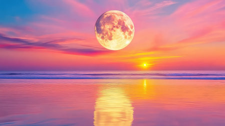 Full moon casts silver reflections on calm ocean waves, long exposure capturing shimmering tranquilityの素材