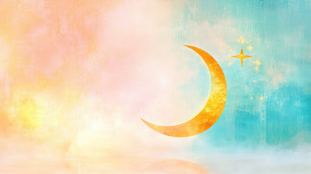 A gentle crescent moon and star rest on a soft, textured background, evoking a peaceful, mindful atmosphereの素材
