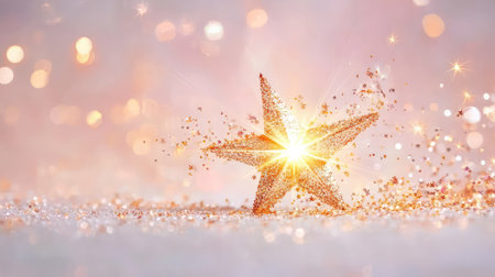 Minimalist star emits a gentle, radiant glow, encircled by sparkles on a pure white canvasの素材