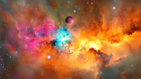 Planets hover in front of luminous, multicolored nebulae, starbursts and dust creating galactic depthの素材