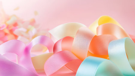 Assorted pastel candy ribbons with glossy texture placed on a vibrant pink backgroundの素材