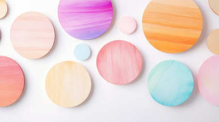 Gentle abstract of pastel-painted wooden circles on a neutral background, evoking calm and modern styleの素材