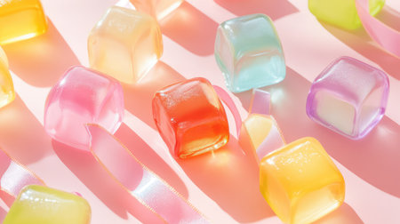 Close-up of pastel rainbow ribbon candies with glossy sheen, laid out on soft pink backgroundの素材