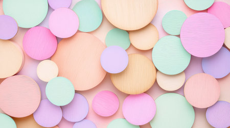 Soft wooden circles in blush, mint, and lavender tones overlap in an abstract pastel backdropの素材