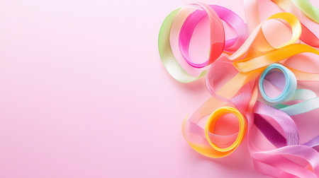 Bright pastel ribbon candy with rainbow swirls arranged playfully on a smooth pink backdropの素材